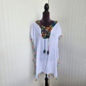 NWT Marca Amit White Embroidered Tunic Boho Blouse Crochet Tassle Women’s OS